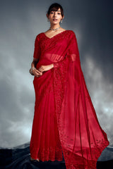 Red Tissue Organza Saree with Sequin and Embroidery Work