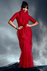 Red Tissue Organza Saree with Sequin and Embroidery Work