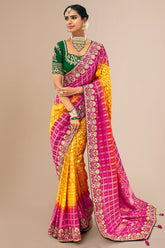 Yellow and Pink Georgette Traditional Bandhej Saree with HandWork