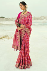 Pink Georgette Traditional Bandhej Saree with Cutdana and Bead Work