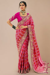Pink Georgette Traditional Bandhej Saree with Cutdana and Bead Work