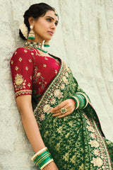Dark Green Georgette Traditional Bandhej Saree with Cutdana and Bead Work