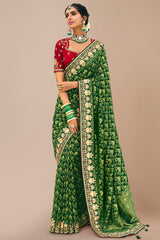Dark Green Georgette Traditional Bandhej Saree with Cutdana and Bead Work