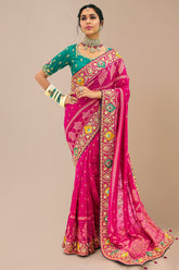Pink Georgette Traditional Bandhej Saree with Cutdana and Bead Work