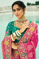 Pink Georgette Traditional Bandhej Saree with Cutdana and Bead Work