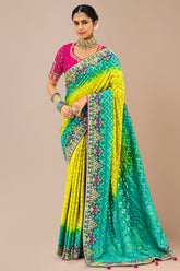 Yellow and Green Georgette Traditional Bandhej Saree
