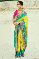 Yellow and Green Georgette Traditional Bandhej Saree