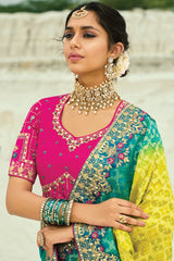 Yellow and Green Georgette Traditional Bandhej Saree