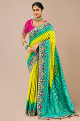 Yellow and Green Georgette Traditional Bandhej Saree