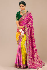 Multi Colored Georgette Traditional Bandhej Saree with Cutdana and Bead Work