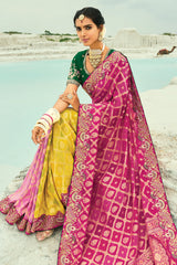 Multi Colored Georgette Traditional Bandhej Saree with Cutdana and Bead Work