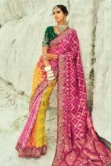Multi Colored Georgette Traditional Bandhej Saree with Cutdana and Bead Work