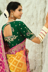 Multi Colored Georgette Traditional Bandhej Saree with Cutdana and Bead Work