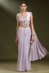 Lavender Imported Ready to Wear Saree with Sequin and Beaded Heltar Neck Blouse - lavender saree