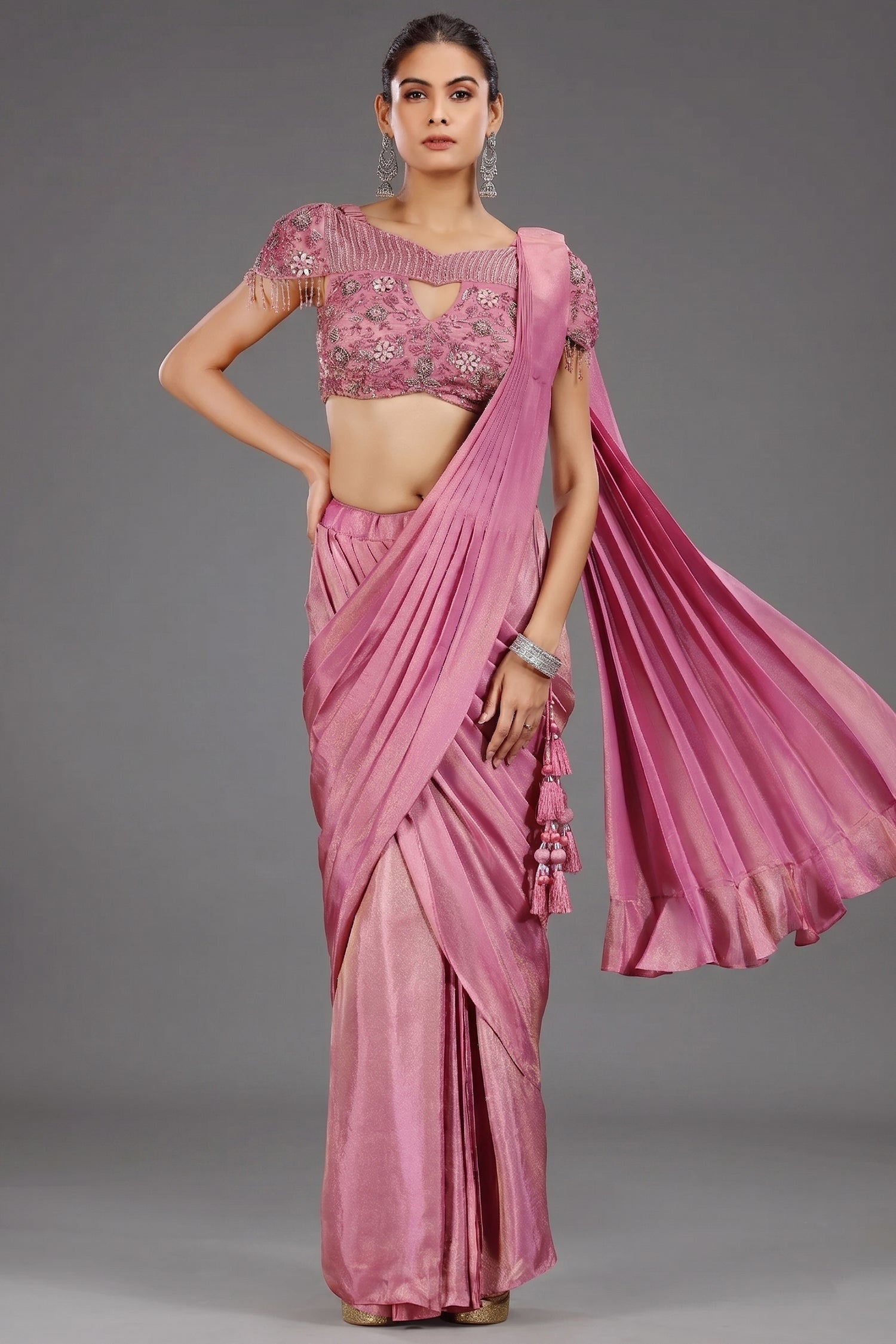 Onion Pink Tissue Shimmer Ready to Wear Saree - pink saree