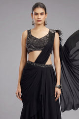 Black Georgette Shimmer Ready to Wear Saree - black georgette saree