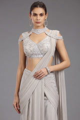 Grey Georgette Shimmer Pleated Saree with Embellished Blouse - grey georgette saree