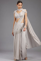 Grey Georgette Shimmer Pleated Saree with Embellished Blouse - grey georgette saree
