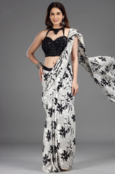 Pearl White Crepe Silk Printed Readymade Saree with Embellished Blouse - white silk saree