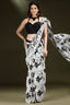 Pearl White Crepe Silk Printed Readymade Saree with Embellished Blouse - white silk saree