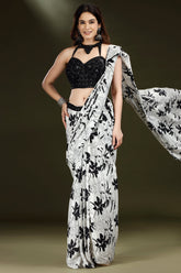Pearl White Crepe Silk Printed Readymade Saree with Embellished Blouse - white silk saree