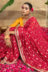 Red Art Silk Checks Woven Saree
