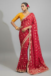 Red Art Silk Checks Woven Saree