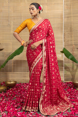 Red Art Silk Checks Woven Saree