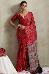 Red Art Silk Bandhej Print Saree