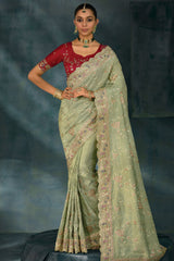 Light Green Silk All Over Embroidered Saree