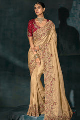 Beige Silk All Over Embroidered Saree