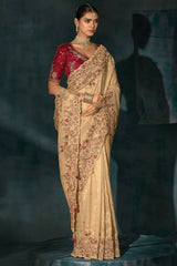 Beige Silk All Over Embroidered Saree