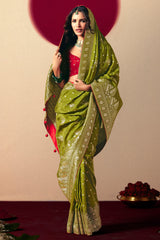 Olive Green Bemberg Viscose Woven Saree