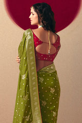 Olive Green Bemberg Viscose Woven Saree