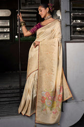 Cream Viscose Silk Woven Saree