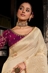 Cream Viscose Silk Woven Saree