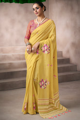 Yellow Cotton Viscose Printed Saree