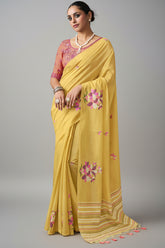 Yellow Cotton Viscose Printed Saree