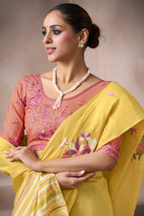 Yellow Cotton Viscose Printed Saree