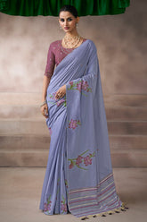 Blue Cotton Viscose Printed Saree