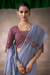 Blue Cotton Viscose Printed Saree