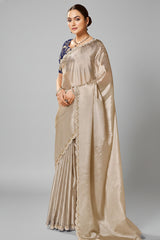 Beige Tussar Silk Plain Saree with Sequins Border