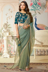 Green Organza Silk Plain Saree with Sequins Border