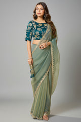 Green Organza Silk Plain Saree with Sequins Border