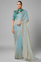 Blue Satin Silk Plain Saree with Sequins Border