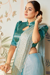 Blue Satin Silk Plain Saree with Sequins Border