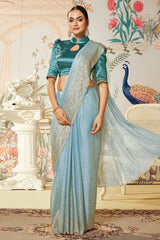 Blue Satin Silk Plain Saree with Sequins Border