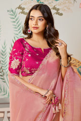 Pink Organza Silk Plain Saree with Sequins Border