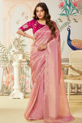 Pink Organza Silk Plain Saree with Sequins Border