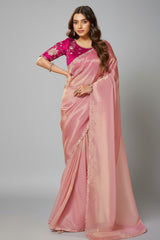Pink Organza Silk Plain Saree with Sequins Border
